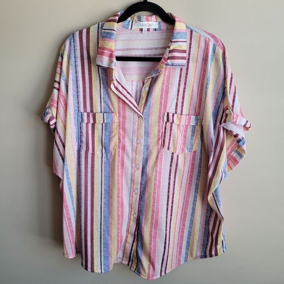Eden & Olivia Womens Blouse Plus Size 2X Button Front Multicolor Stripes Pockets - Picture 1 of 9
